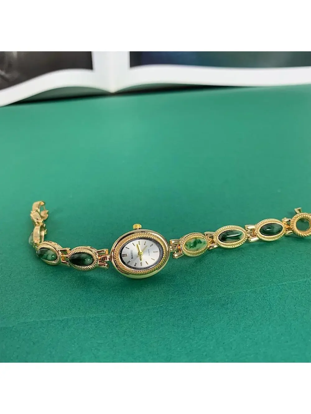 Y2K Gold Green Dainty Quartz Opal Jade Watch 8 Inch Unisex
